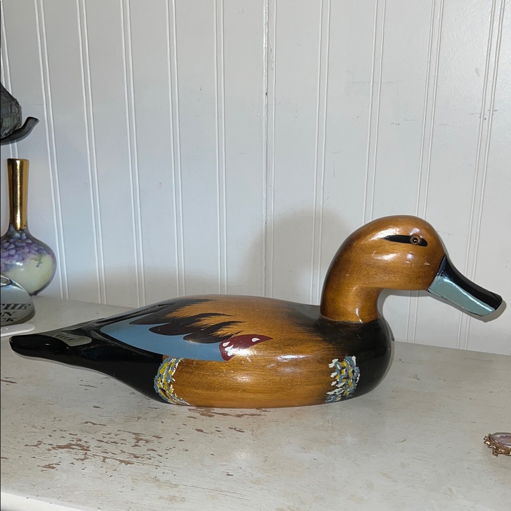 Vintage Handpainted Cinnamon Teal Wooden Duck Decoy Decor MCM